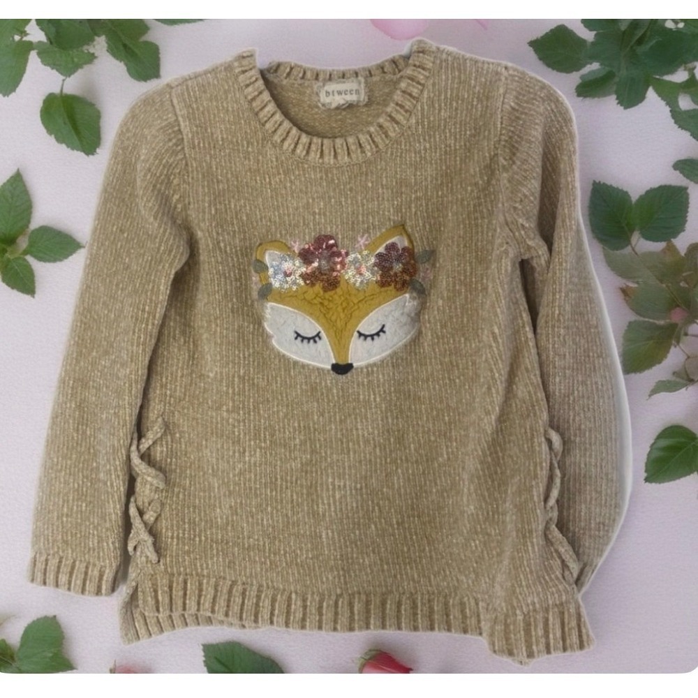 btween Fox Chenille Sweater Girls‎ Size 10 Tan Metallic Sequin Floral Knit